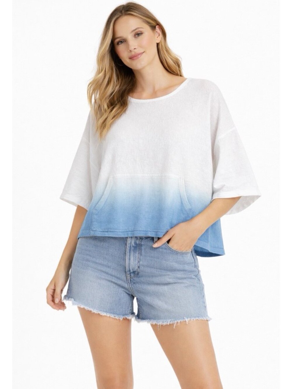 J Jill Front Pocket Linen Blend Boxy Top Short Sleeve Womens Medium/Large